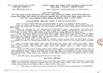 Quyết định phê duyệt kết quả lựa chọn nhà thầu gói thầu: Mua Pin lithium cung cấp điện cho thiết bị chuyên ngành khi di chuyển thực hiện thao tác chuyên môn khám chữa bệnh tại Bệnh viện A năm 2024
