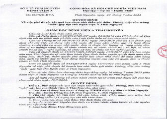 Quyết định về việc phê duyệt kết quả lựa chọn nhà thầu gói thầu: Phòng, diệt côn trùng "mối"  gây hại cho Bệnh viện A