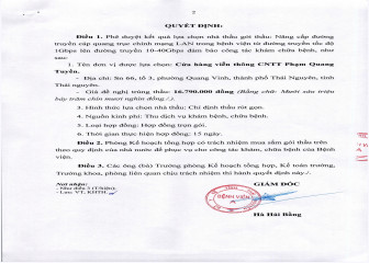 Quyết định về việc phê duyệt kết quả lựa chọn nhà thầu gói thầu: Nâng cấp đường truyền cáp quang trục chính mạng LAN trong bệnh viện